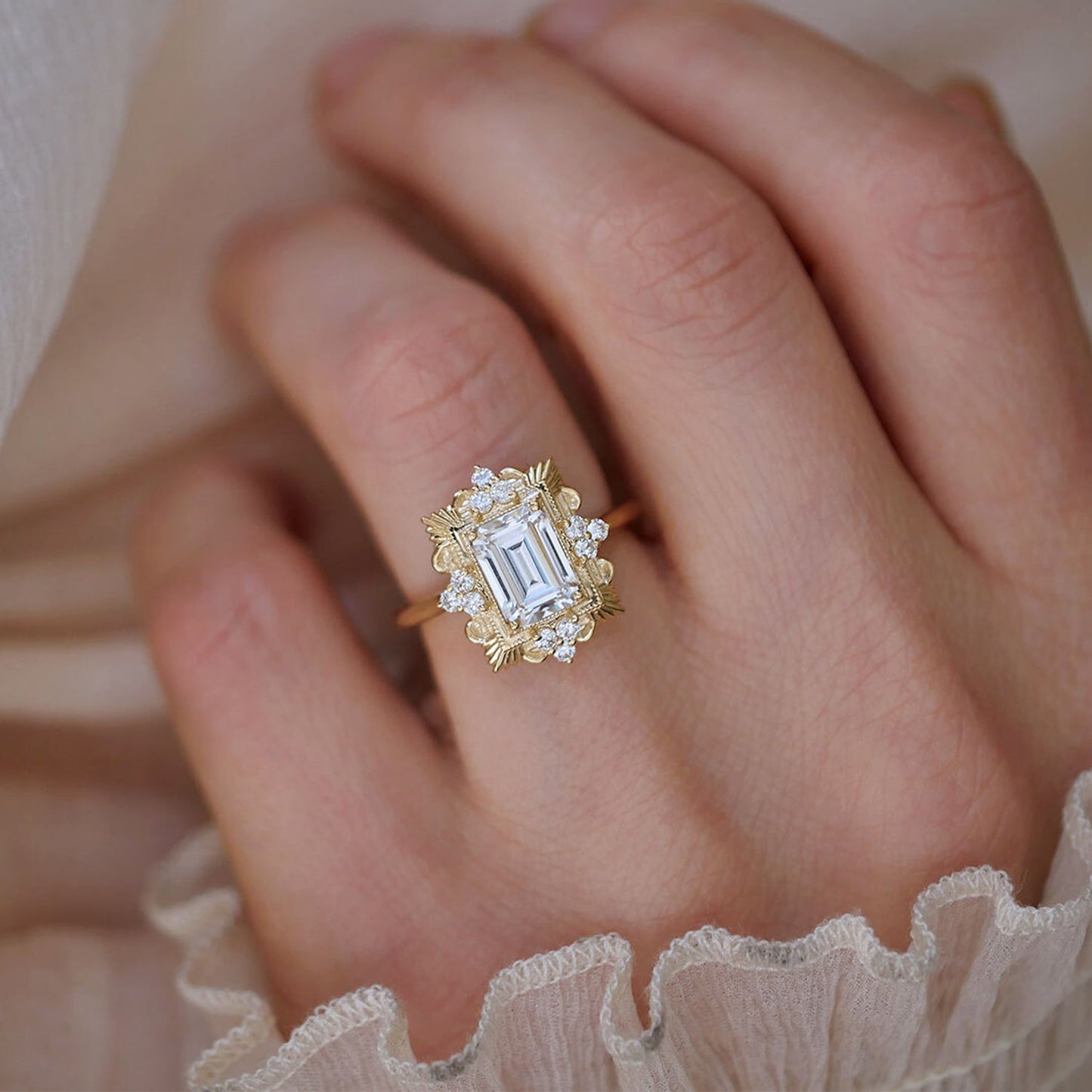 1.5 CT Emerald Cut Moissanite Florentine Mosaic Engagement Ring