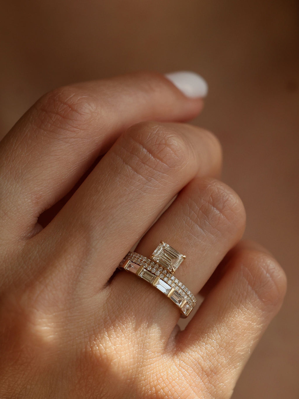 1 CT - 3 CT East-West Emerald Cut Lab grown Diamond Double Band Pave Engagement Ring