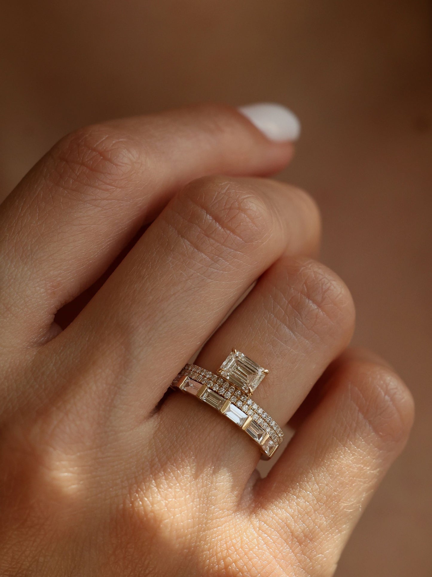 1 CT - 3 CT East-West Emerald Cut Lab grown Diamond Double Band Pave Engagement Ring