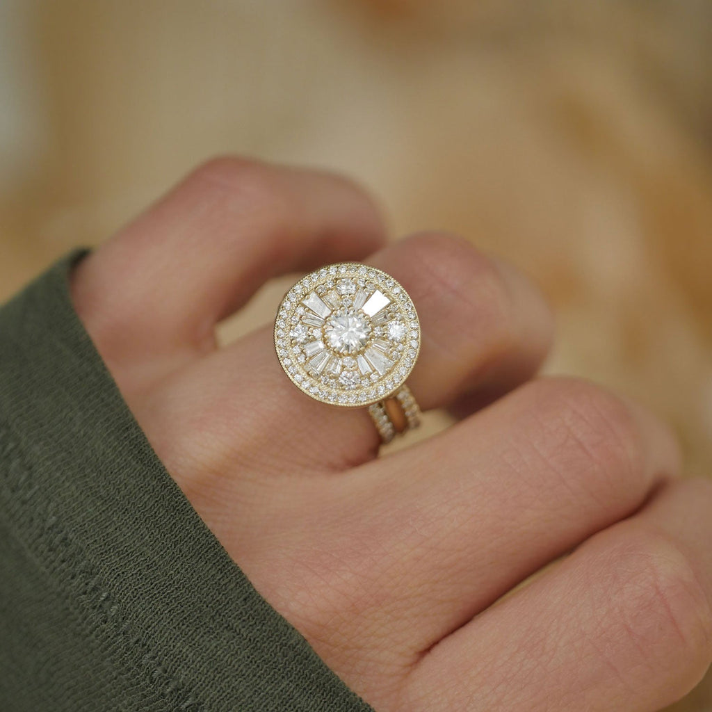 0.35 CT Round Cut Moissanite Halo Cluster Mosaic Engagement Ring