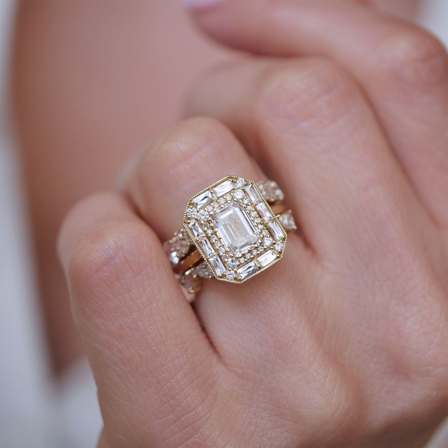 1.5 CT Emerald Cut Moissanite Emerald Shape Halo Style Mosaic Engagement Ring