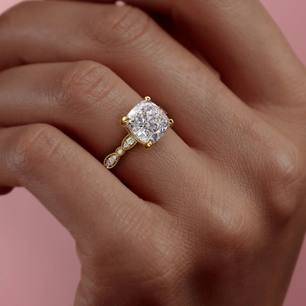 2 CT - 3 CT Cushion Cut Milgrain Pave Style Moissanite Engagement Ring