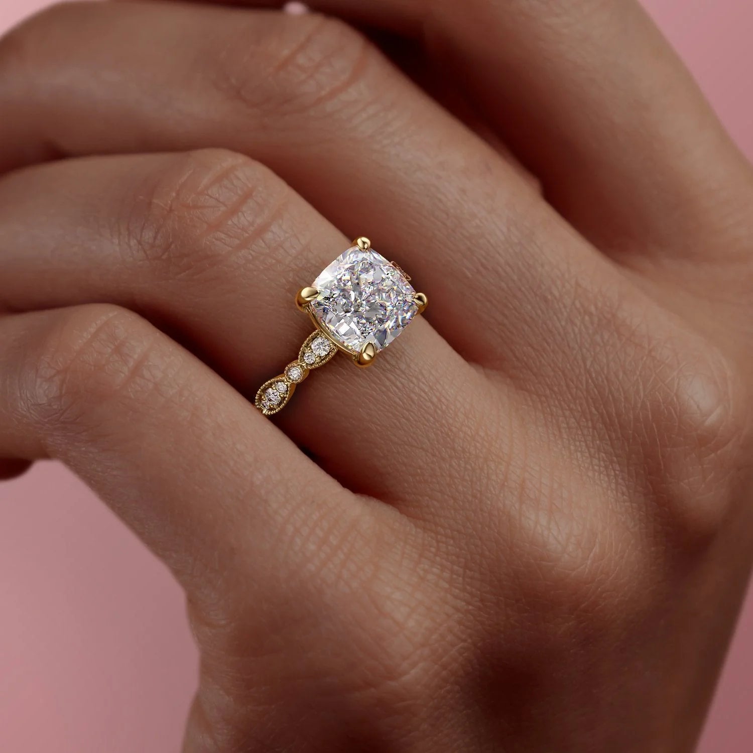 2 CT - 3 CT Cushion Cut Milgrain Pave Style Moissanite Engagement Ring