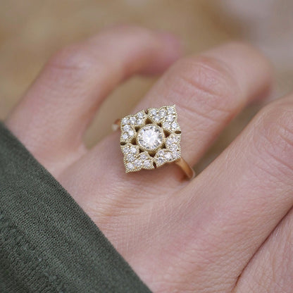 0.47 CT Round Cut Moissanite Deco Baroque Mosaic Engagement Ring