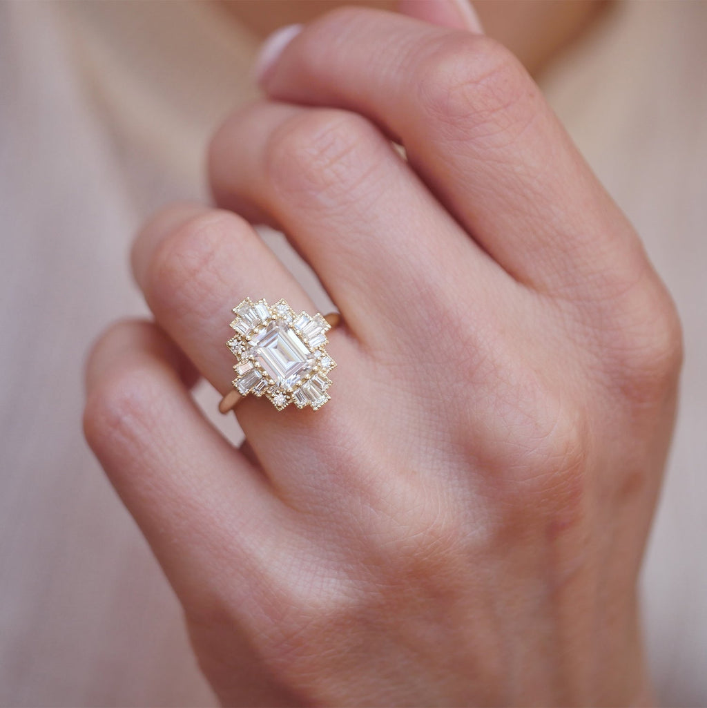 1.5 CT Emerald Cut Moissanite Cluster Mosaic Engagement Ring