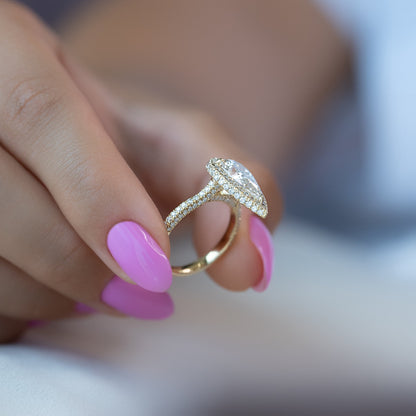 2 CT - 3 CT Pear Cut Halo Pave Set Moissanite Engagement Ring