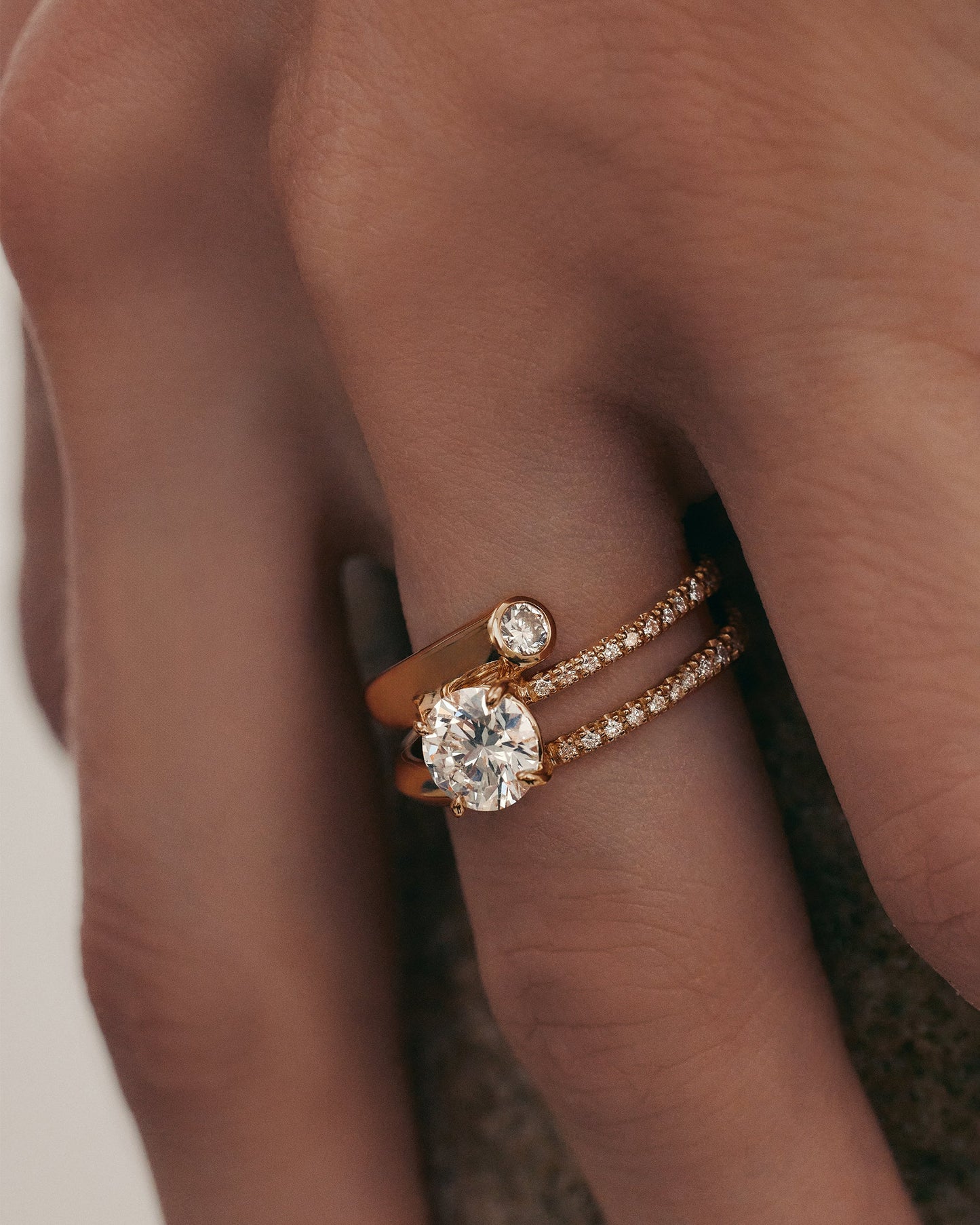 1 CT Round Cut Lab grown Diamond Bypass Side Stone & Half Pave Engagement Ring