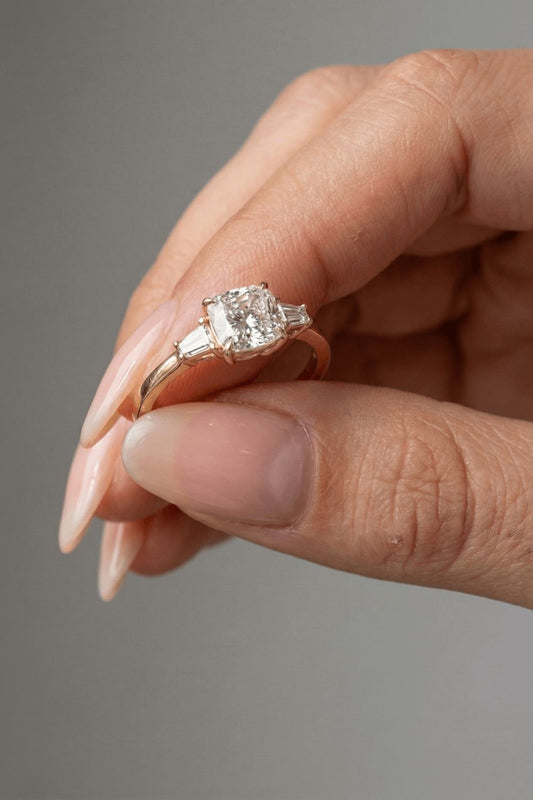 Elongated Cushion Cut Three Stone Moissanite Engagement Ring