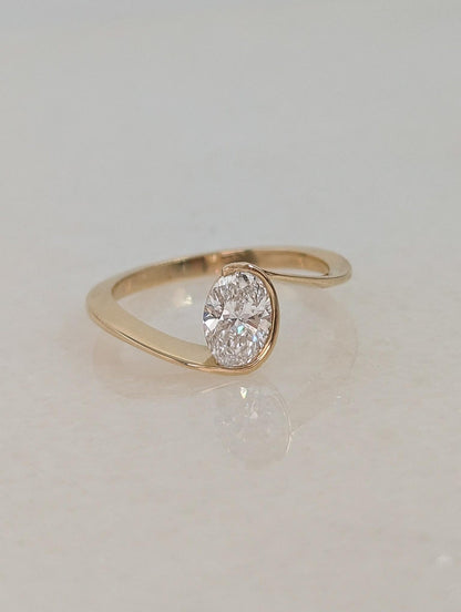 0.7 CT Oval Cut Half Bezel Unique Solitaire Moissanite Engagement Ring