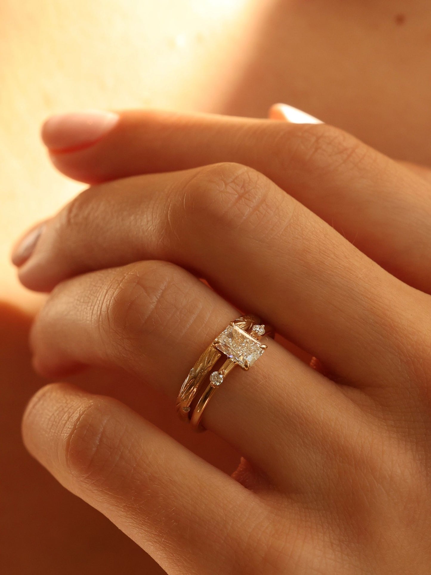 1 CT - 3 CT Radiant Cut Lab grown Diamond Side Stones Engagement Ring