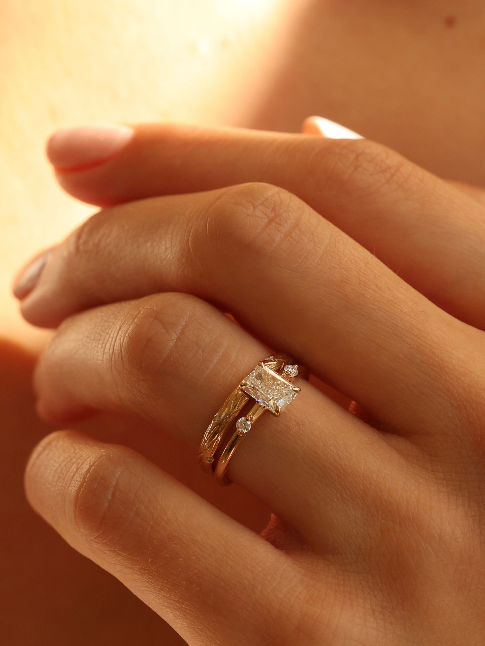 1 CT - 3 CT Radiant Cut Lab grown Diamond Side Stones Engagement Ring