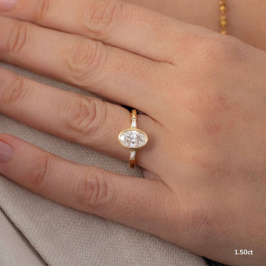 1.5 CT - 2.5 CT Oval Cut Three Stone Bezel Set Moissanite Engagement Ring