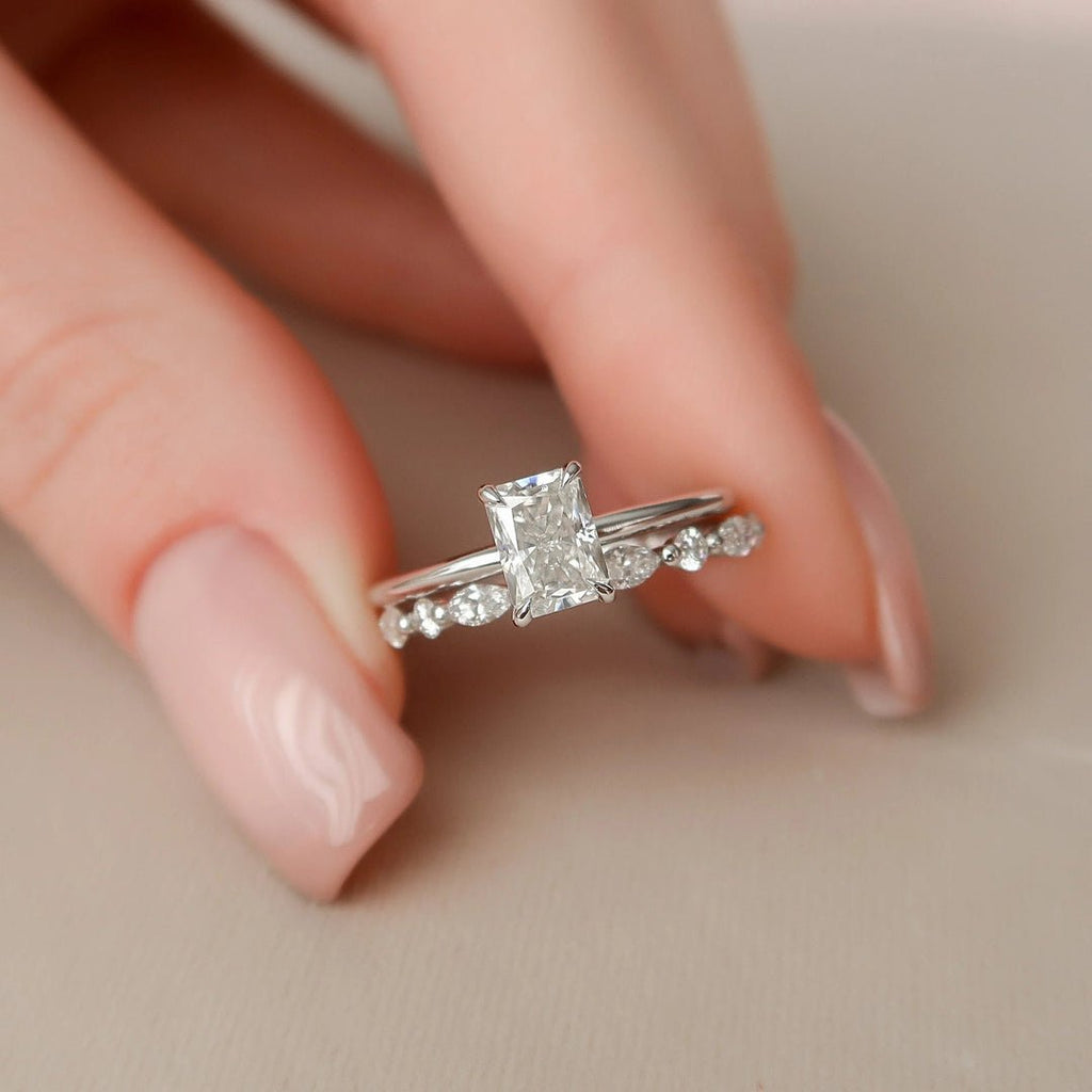 1 CT Radiant Cut Hidden Halo Moissanite Solitaire Bridal Set