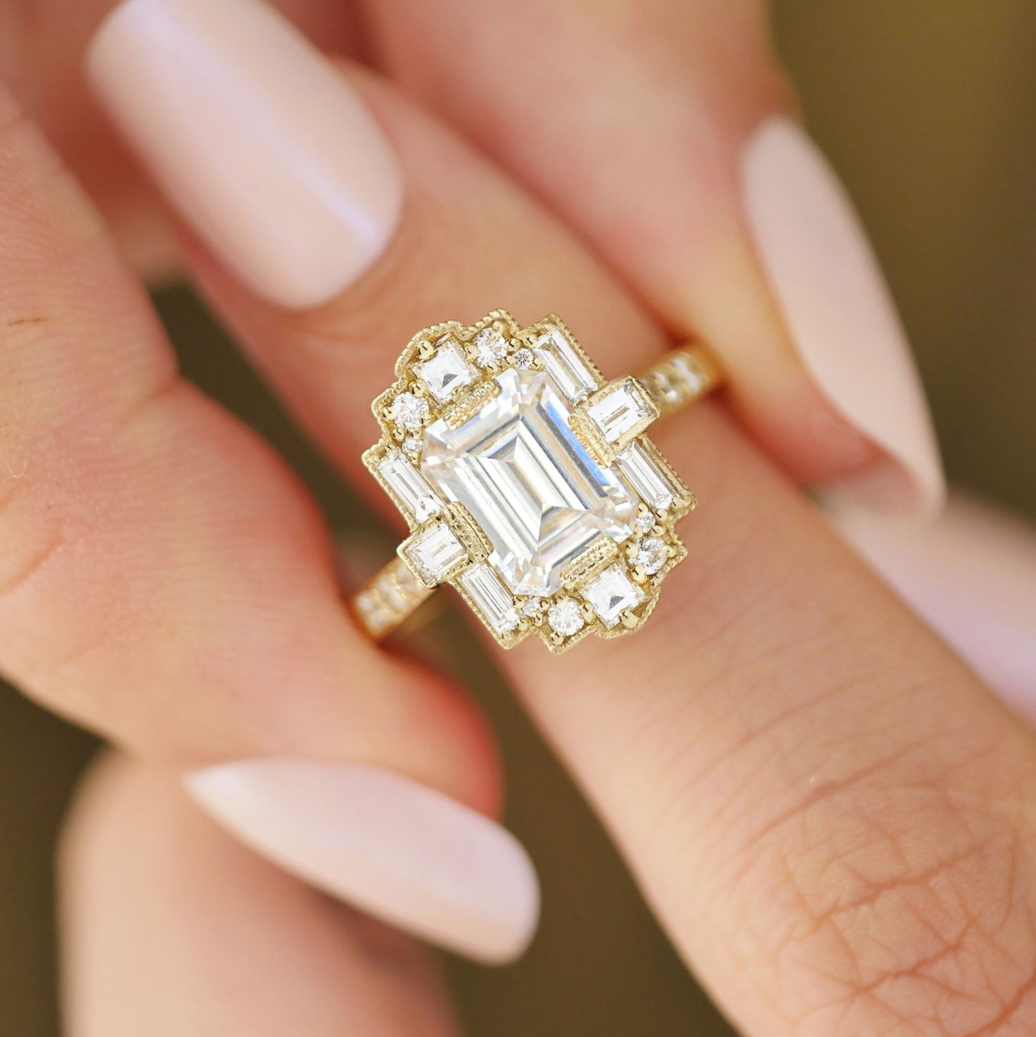 1.5 CT Emerald Cut Moissanite Art Deco Mosaic Engagement Ring
