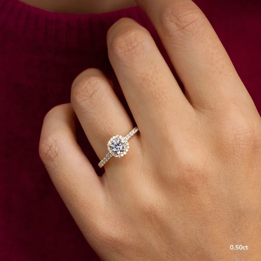 0.5 CT - 2 CT Round Cut Halo & Pave Style Moissanite Engagement Ring