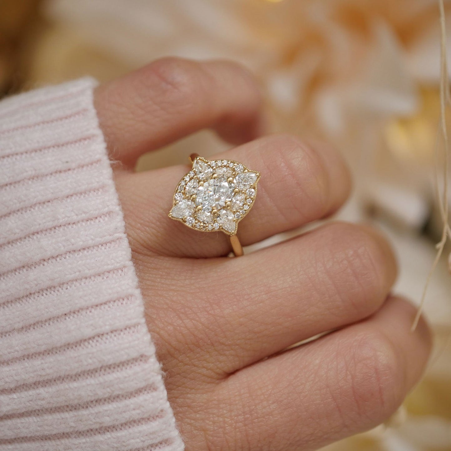 0.66 CT Oval Cut Moissanite Flora Mosaic Engagement Ring