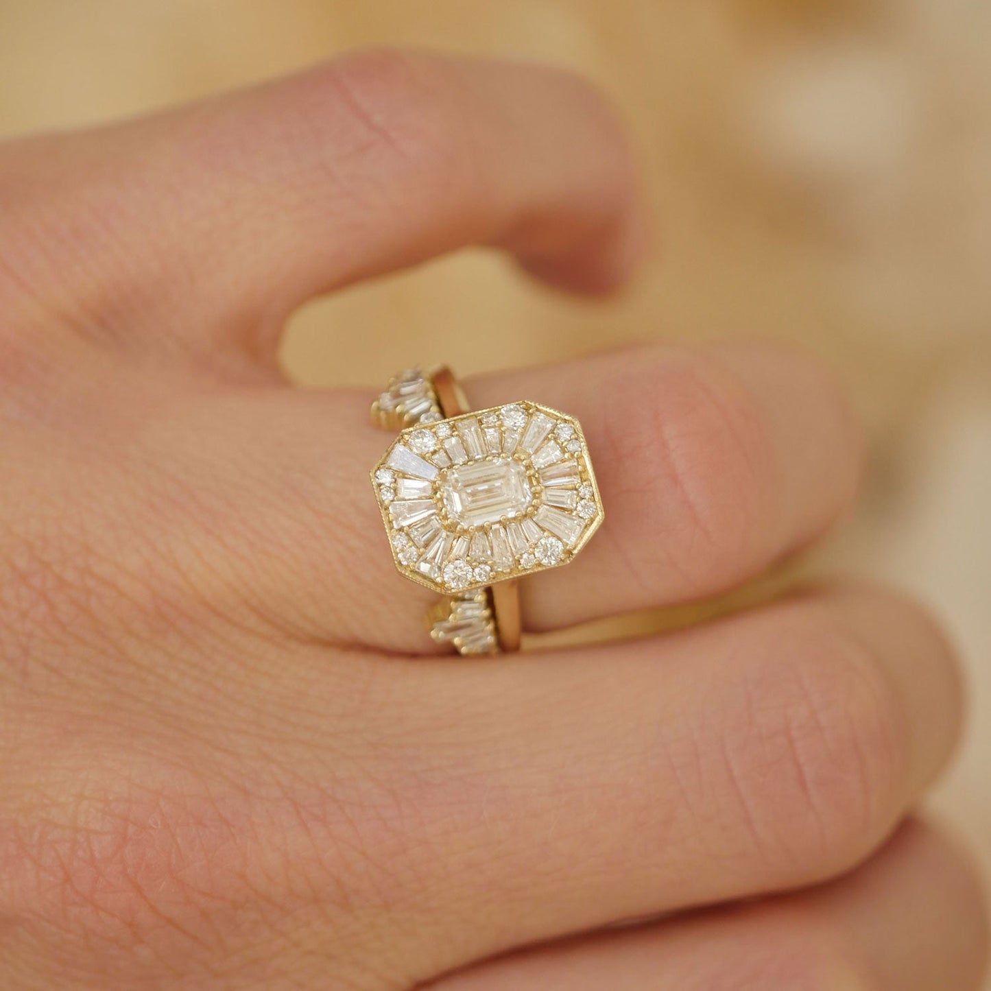 0.56 CT Emerald Cut Moissanite Emerald Shape Mosaic Engagement Ring