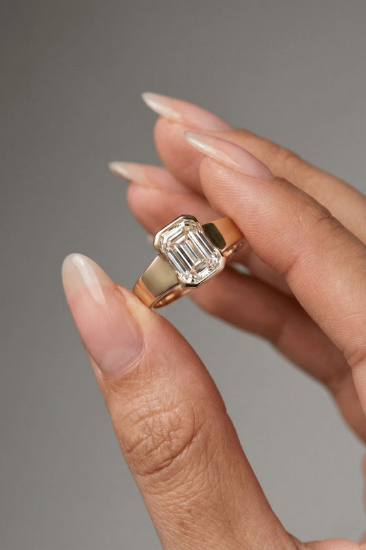Emerald Cut Lab grown Diamond Half Bezel Solitaire Engagement Ring