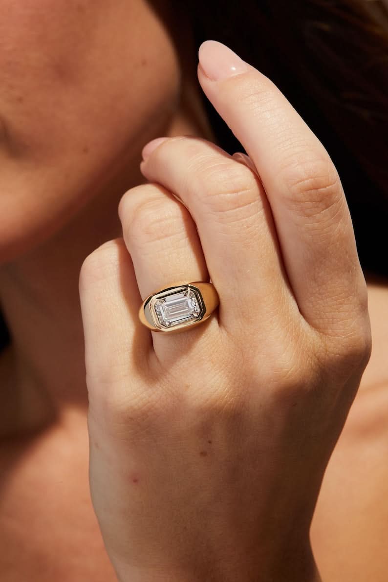 3 CT Emerald Cut Flush Set Moissanite Engagement Ring