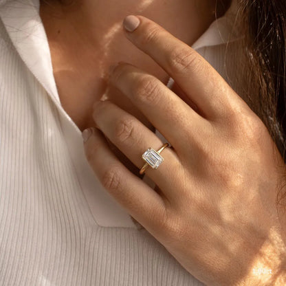 1.2 CT - 1.5 CT Emerald Cut Half Bezel Solitaire Moissanite Engagement Ring