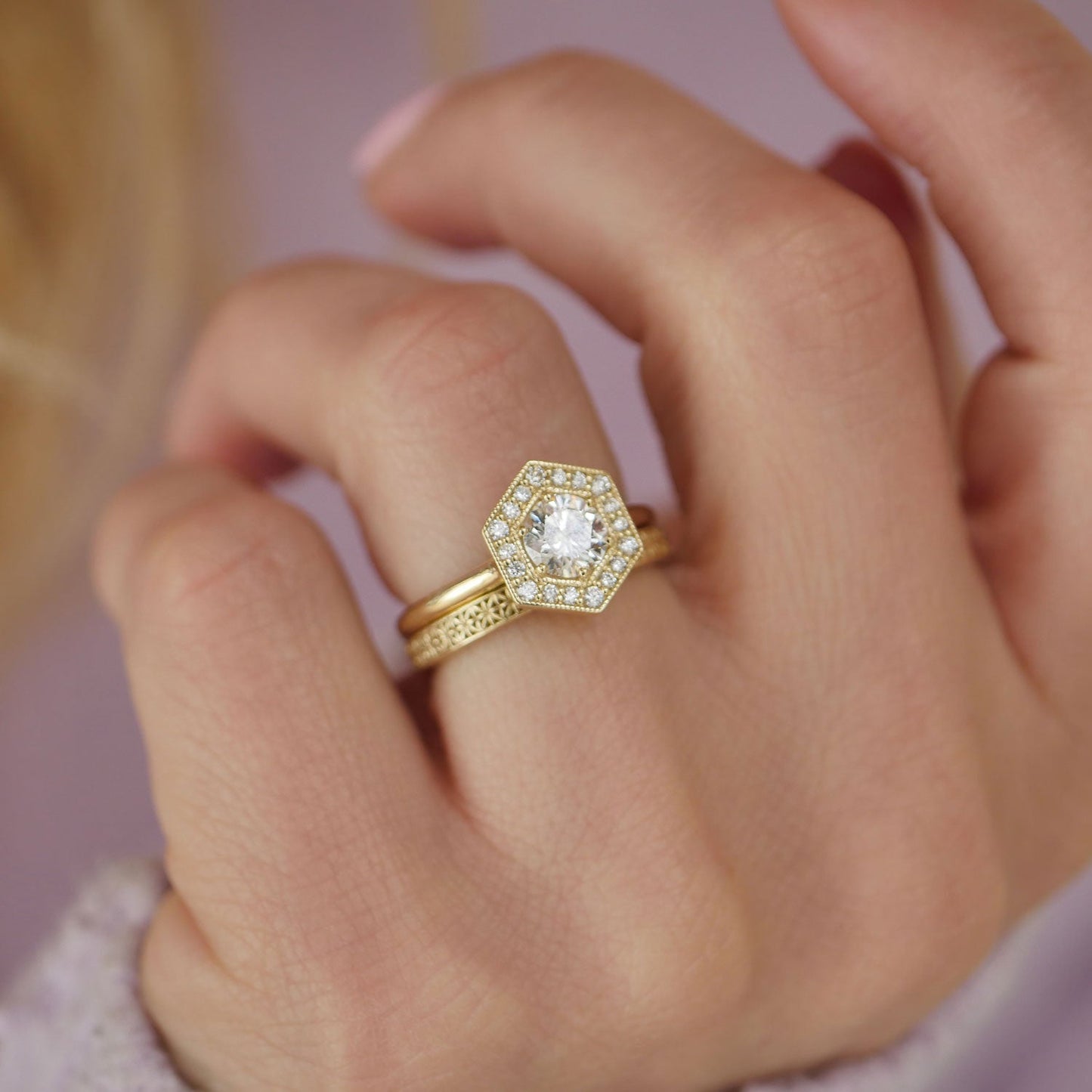 0.73 CT Round Cut Moissanite Hexagon Shape Halo Mosaic Engagement Ring