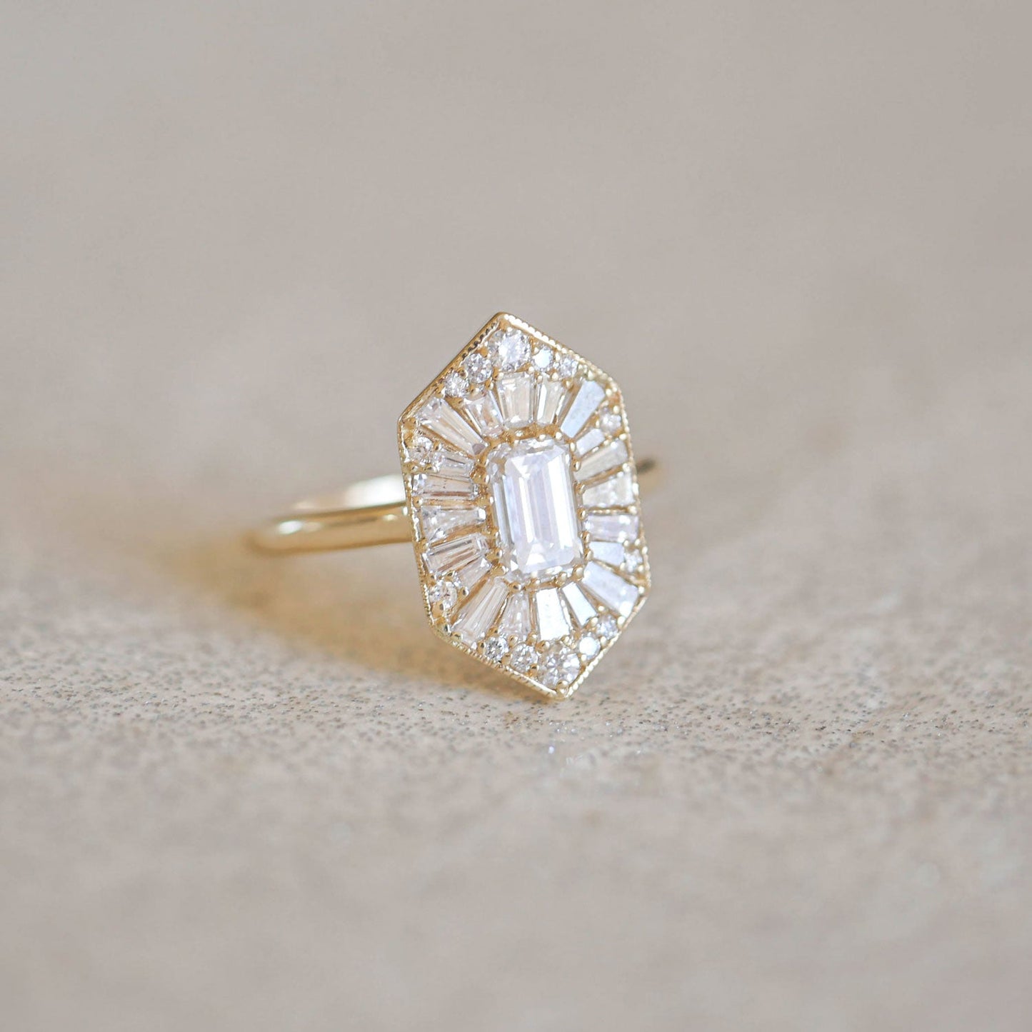 0.56 CT Emerald Cut Moissanite Hexagon Shape Mosaic Engagement Ring