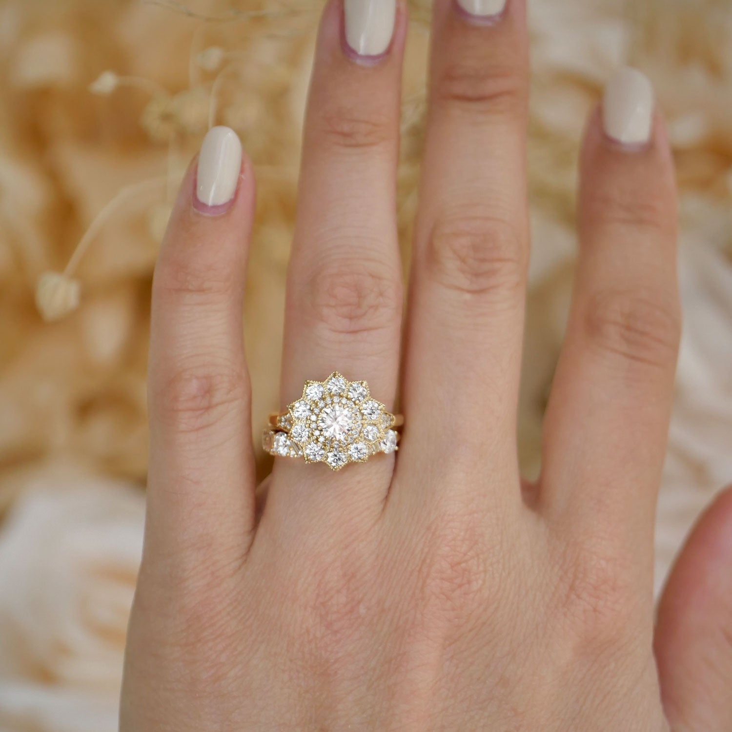 0.53 CT Round Cut Moissanite Sunflower Style Mosaic Engagement Ring