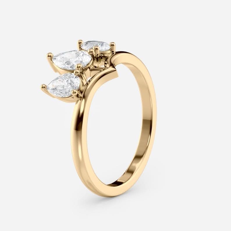 0.8 TCW Pear Cut Three Stone Crown Style Moissanite Engagement Ring