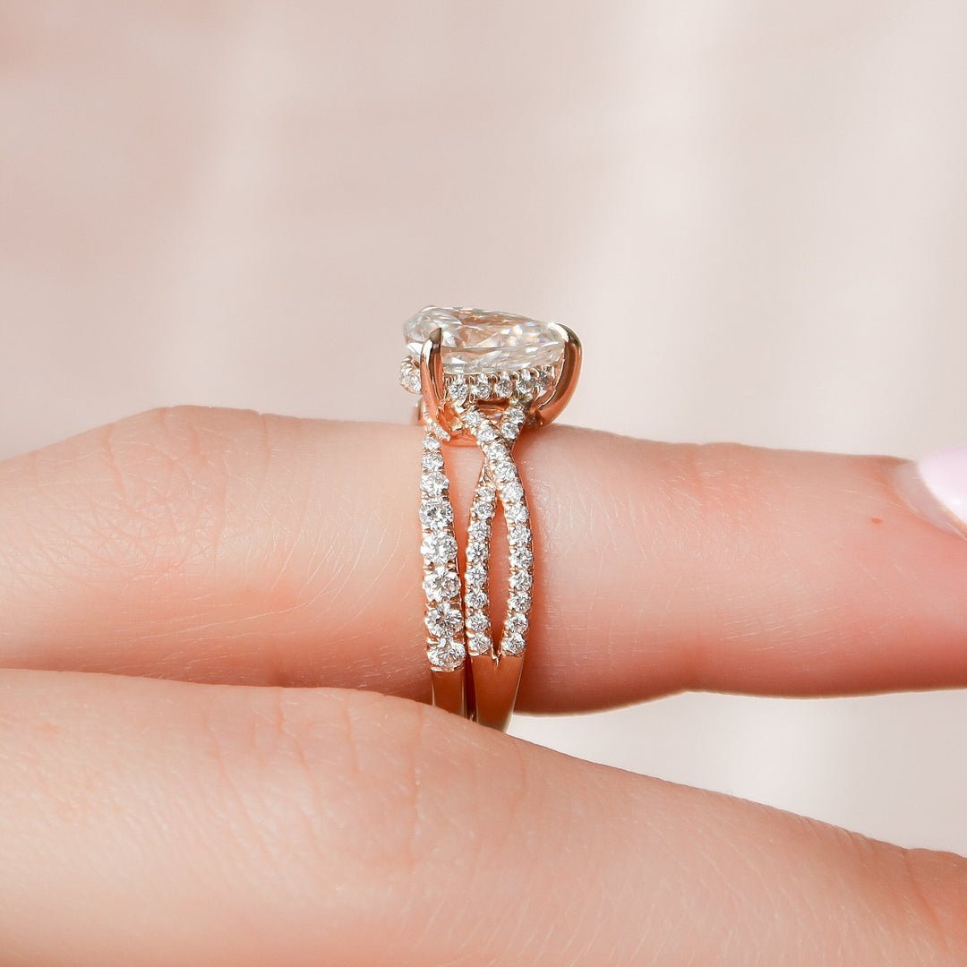 1.5 CT Pear Cut Hidden Halo Moissanite Half Eternity With Split Shank Bridal Set