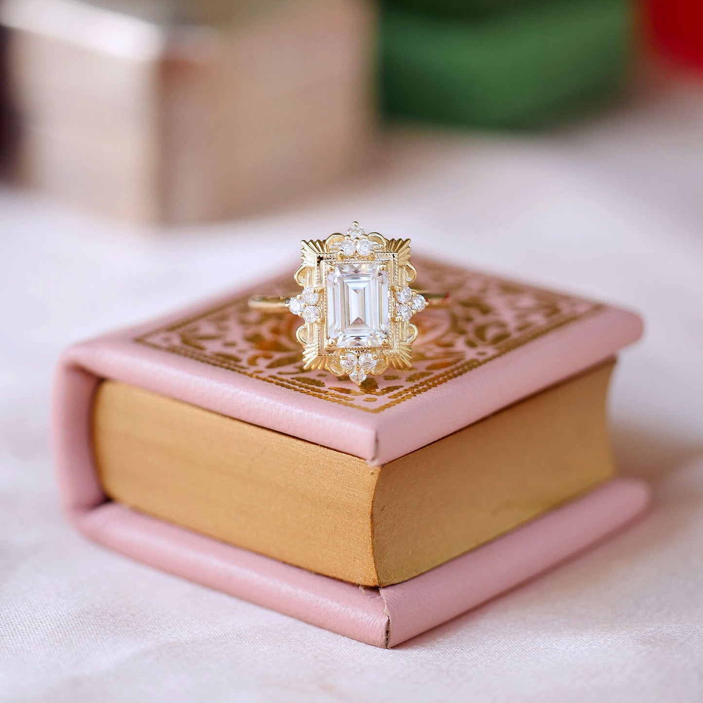 1.5 CT Emerald Cut Moissanite Florentine Mosaic Engagement Ring