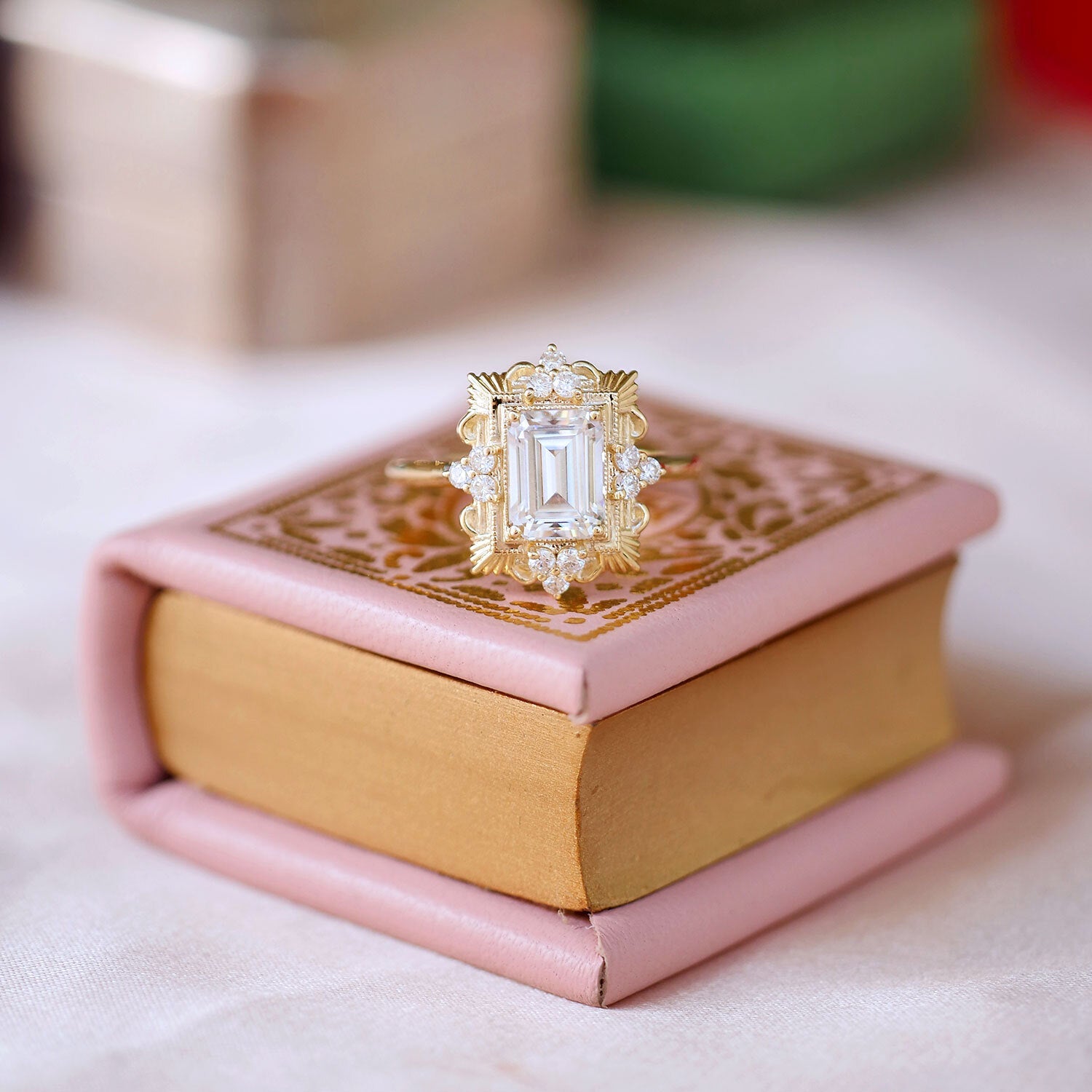 1.5 CT Emerald Cut Moissanite Florentine Mosaic Engagement Ring