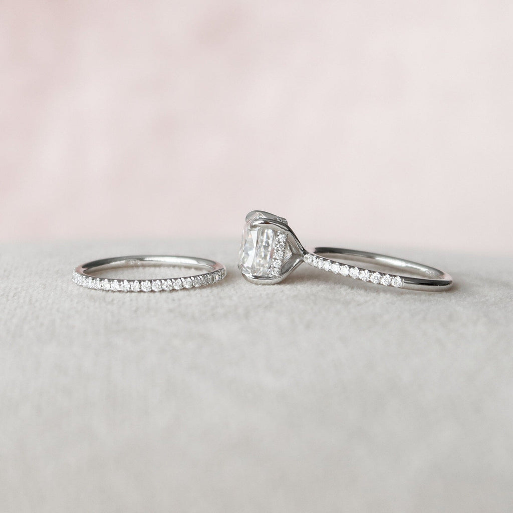 2.0 CT Cushion Cut Hidden Halo Moissanite Eternity Bridal Set