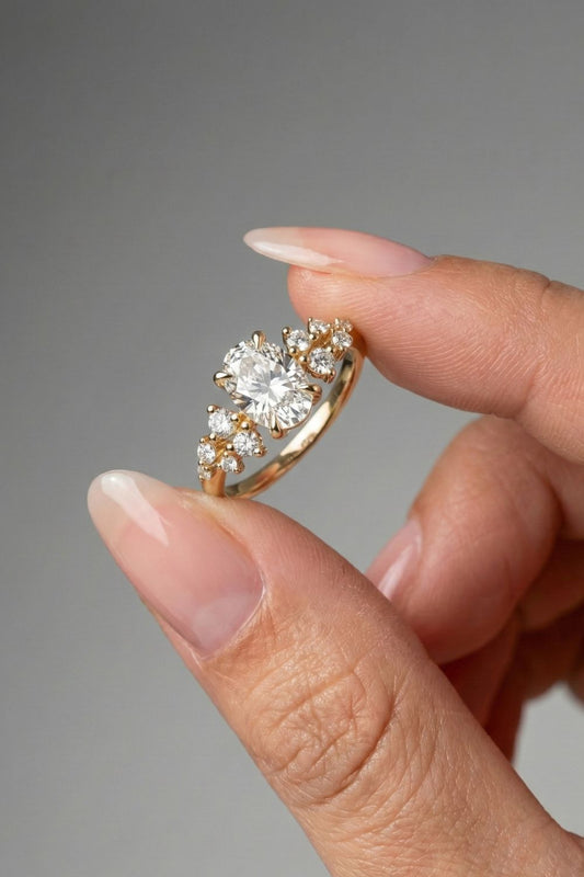 Oval Cut Cluster Style Moissanite Engagement Ring