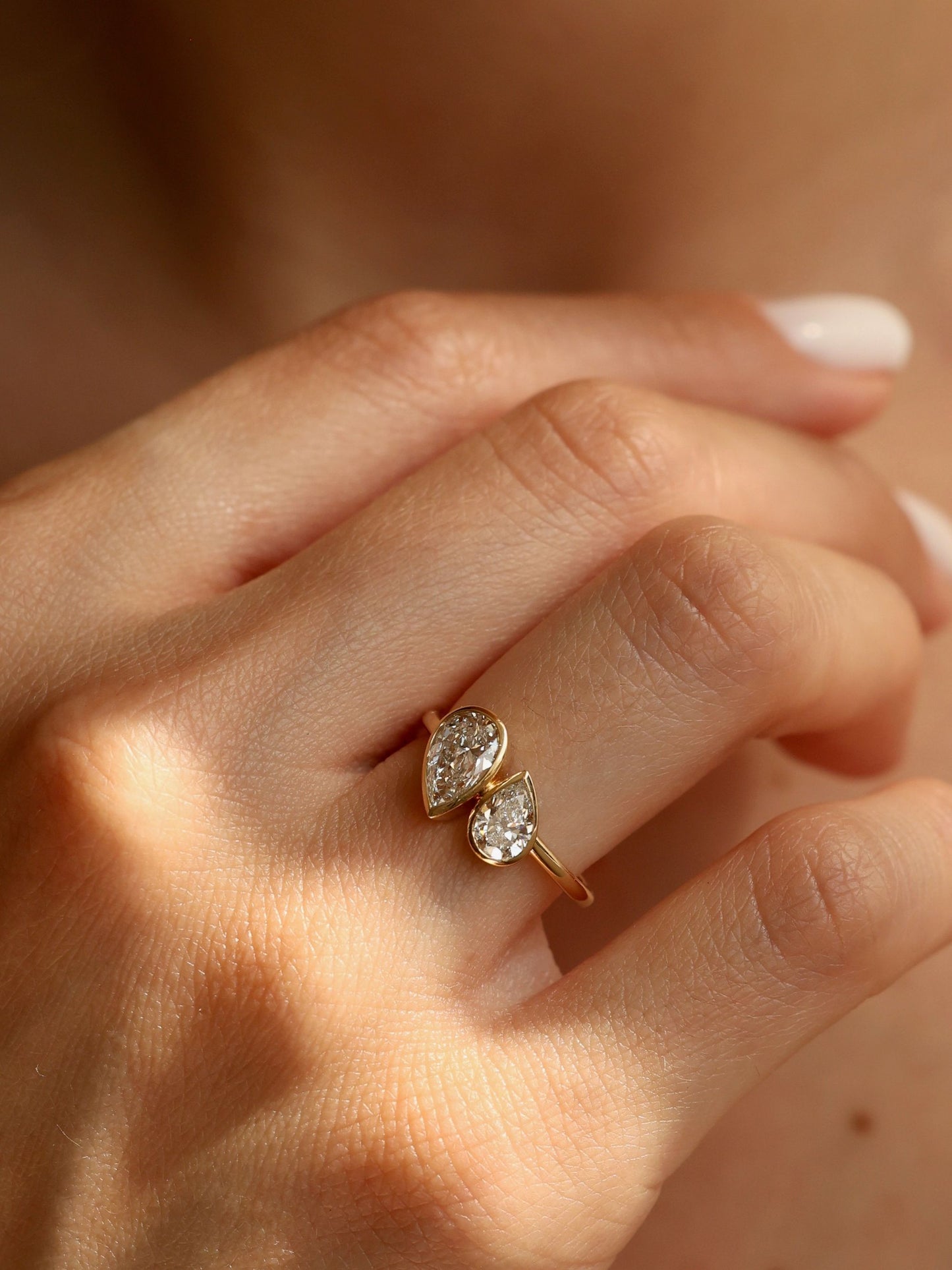 1.5 TCW Pear Cut Lab grown Diamond Two Stone & Bezel Engagement Ring