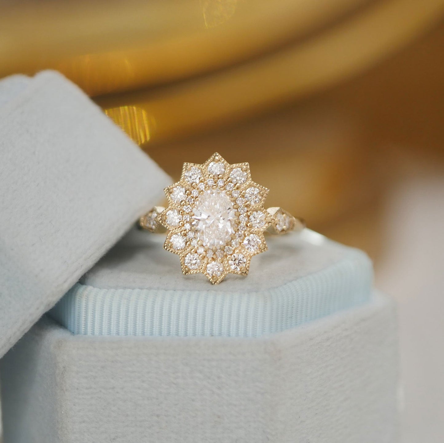 0.74 CT Oval Cut Moissanite Sunflower Style Mosaic Engagement Ring