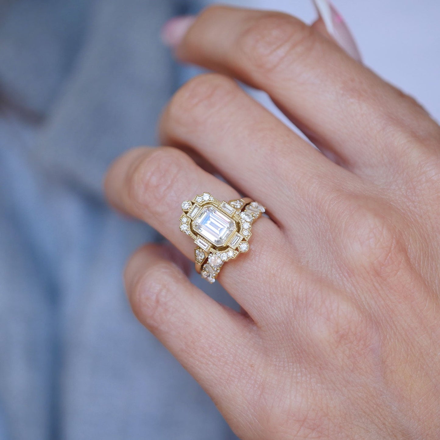 1.5 CT Emerald Cut Moissanite Fairmont Mosaic Engagement Ring