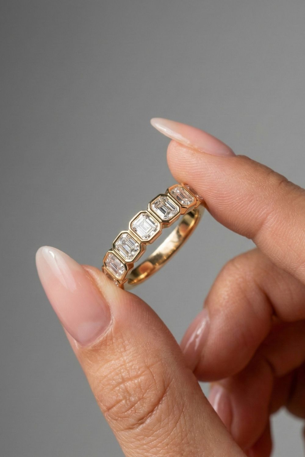 Asscher CVD Diamond Half Eternity Bezel Set Wedding Band