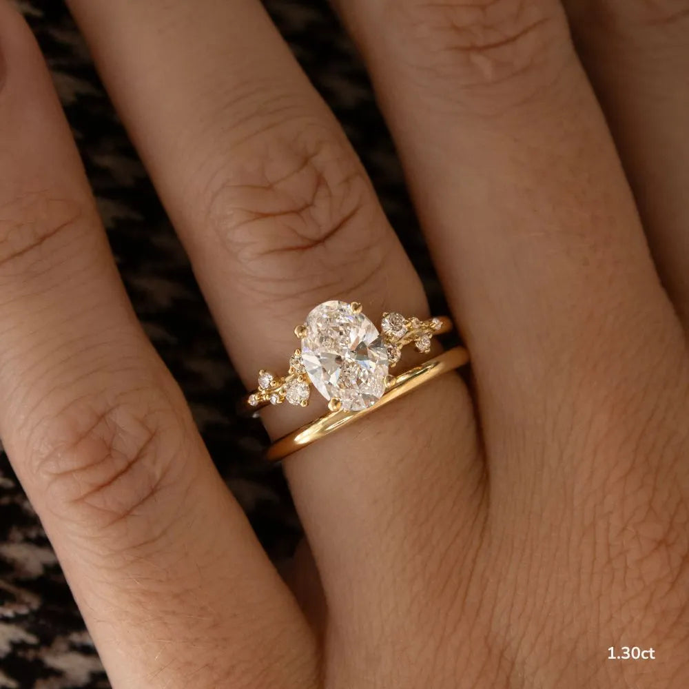 1.3 CT - 2.5 CT Oval Cut Cluster With Chevron Style Band Moissanite Engagement Ring