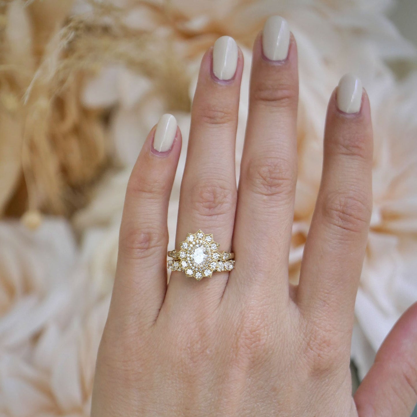 0.74 CT Oval Cut Moissanite Sunflower Style Mosaic Engagement Ring