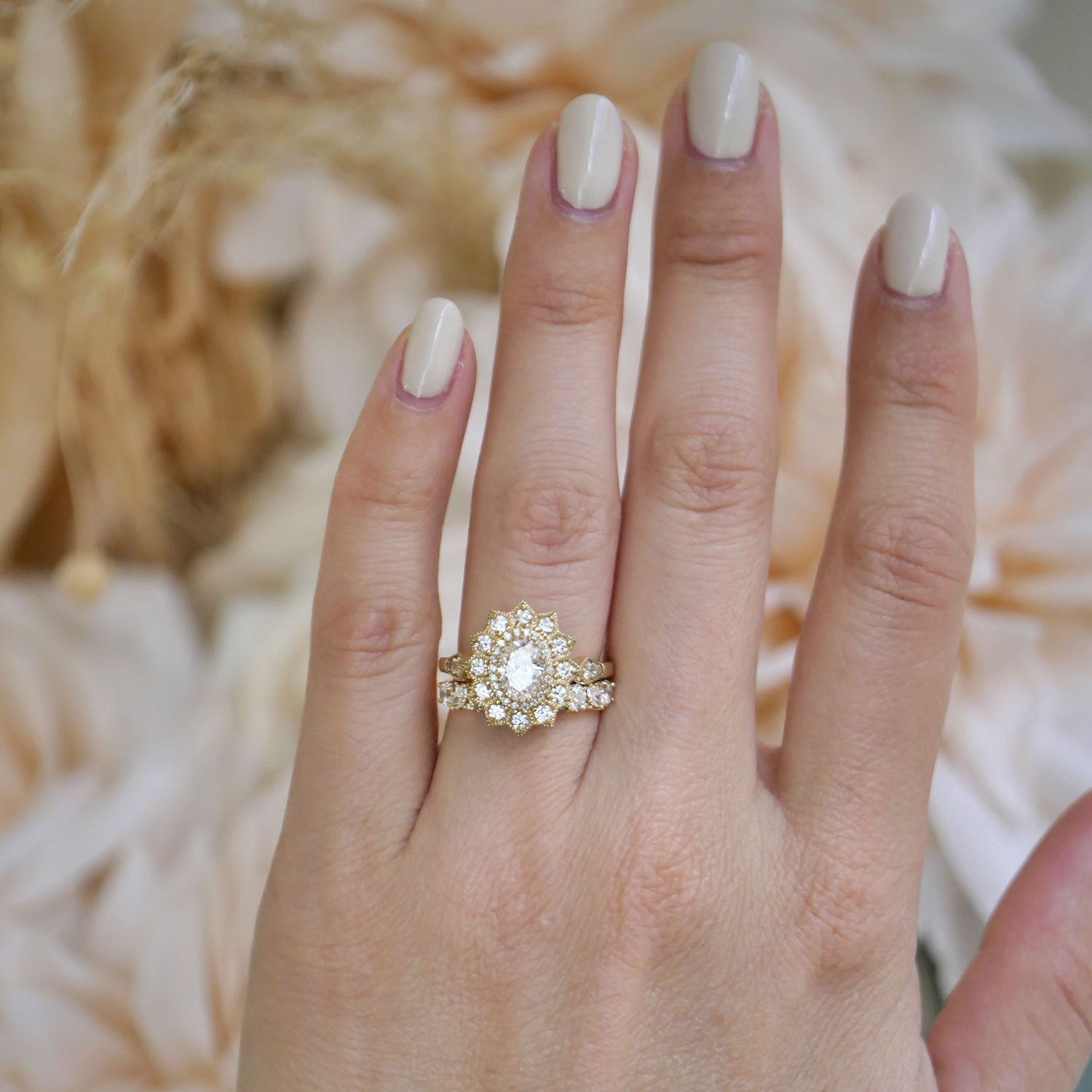 0.74 CT Oval Cut Moissanite Sunflower Style Mosaic Engagement Ring
