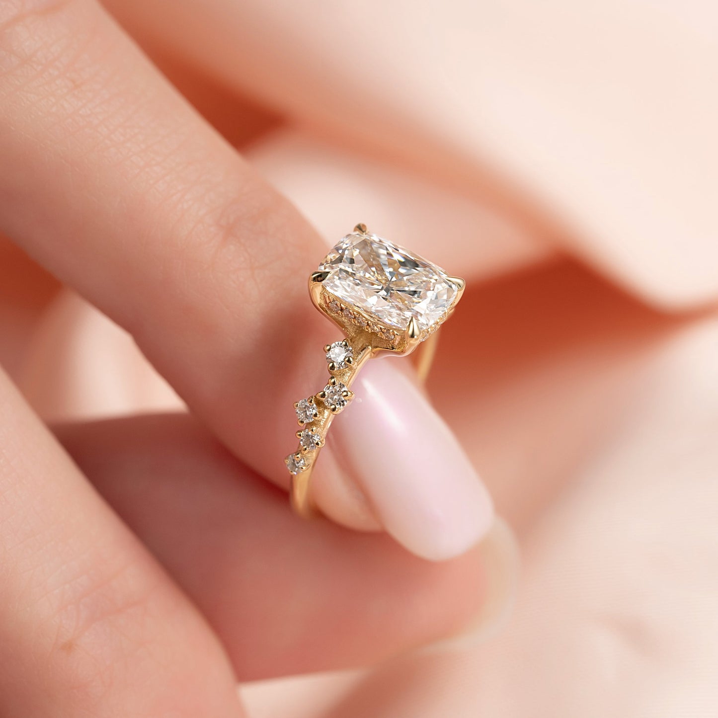 2 CT - 2.5 CT Elongated Cushion Cut Cluster Moissanite Engagement Ring