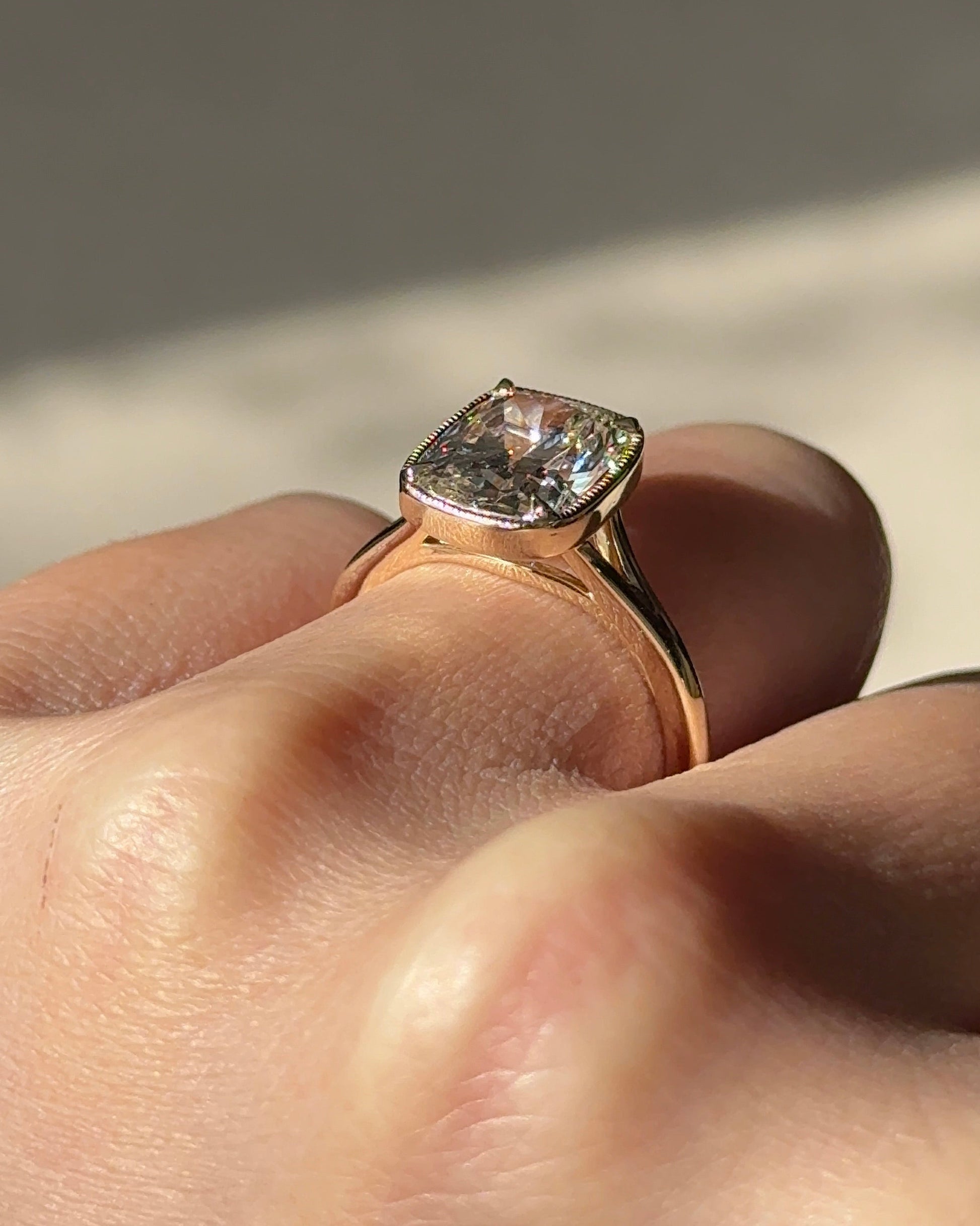 3.1 CT Elongated Cushion Cut Lab grown Diamond Semi Bezel Engagement Ring
