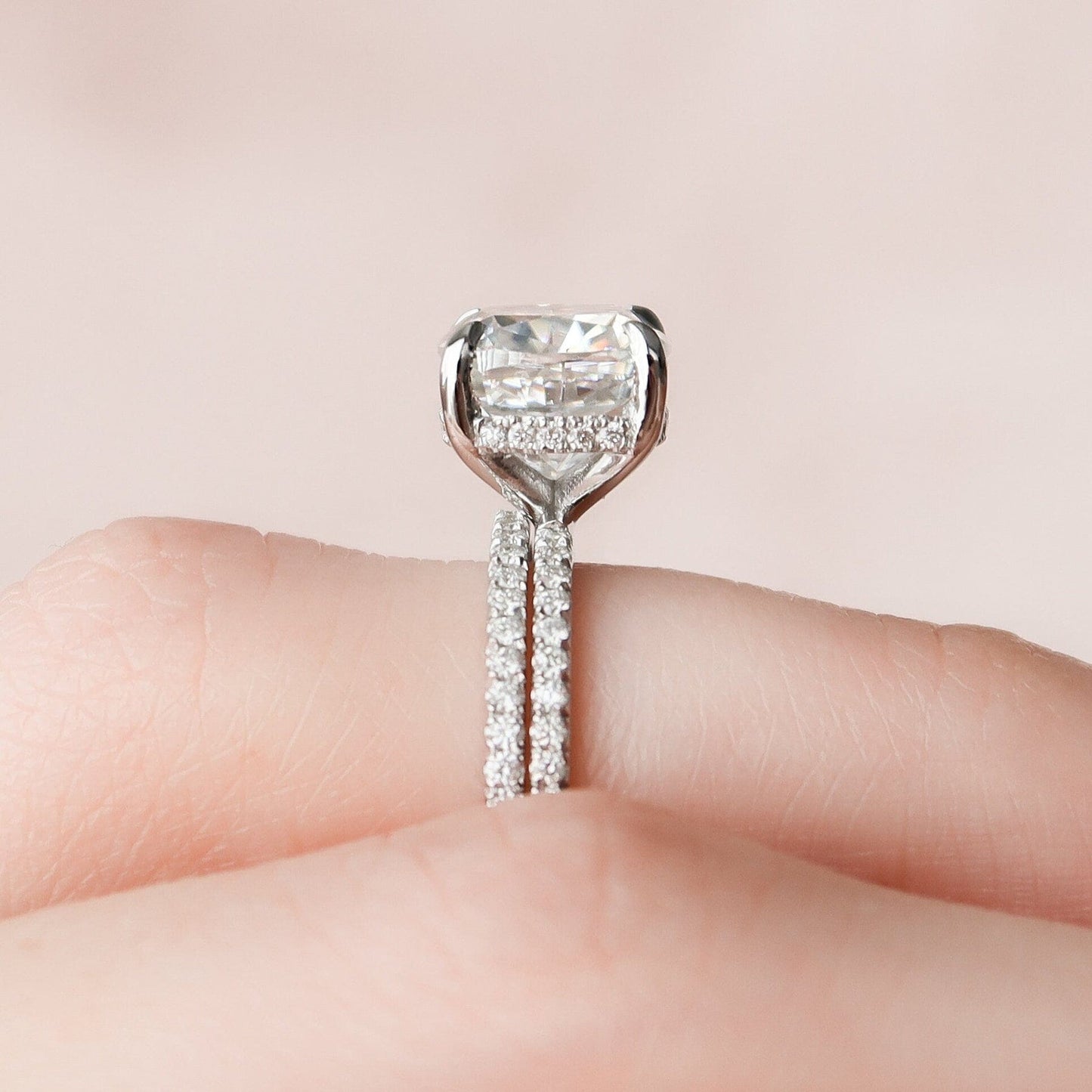 2.0 CT Cushion Cut Hidden Halo Moissanite Eternity Bridal Set