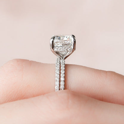 2.0 CT Cushion Cut Hidden Halo Moissanite Eternity Bridal Set