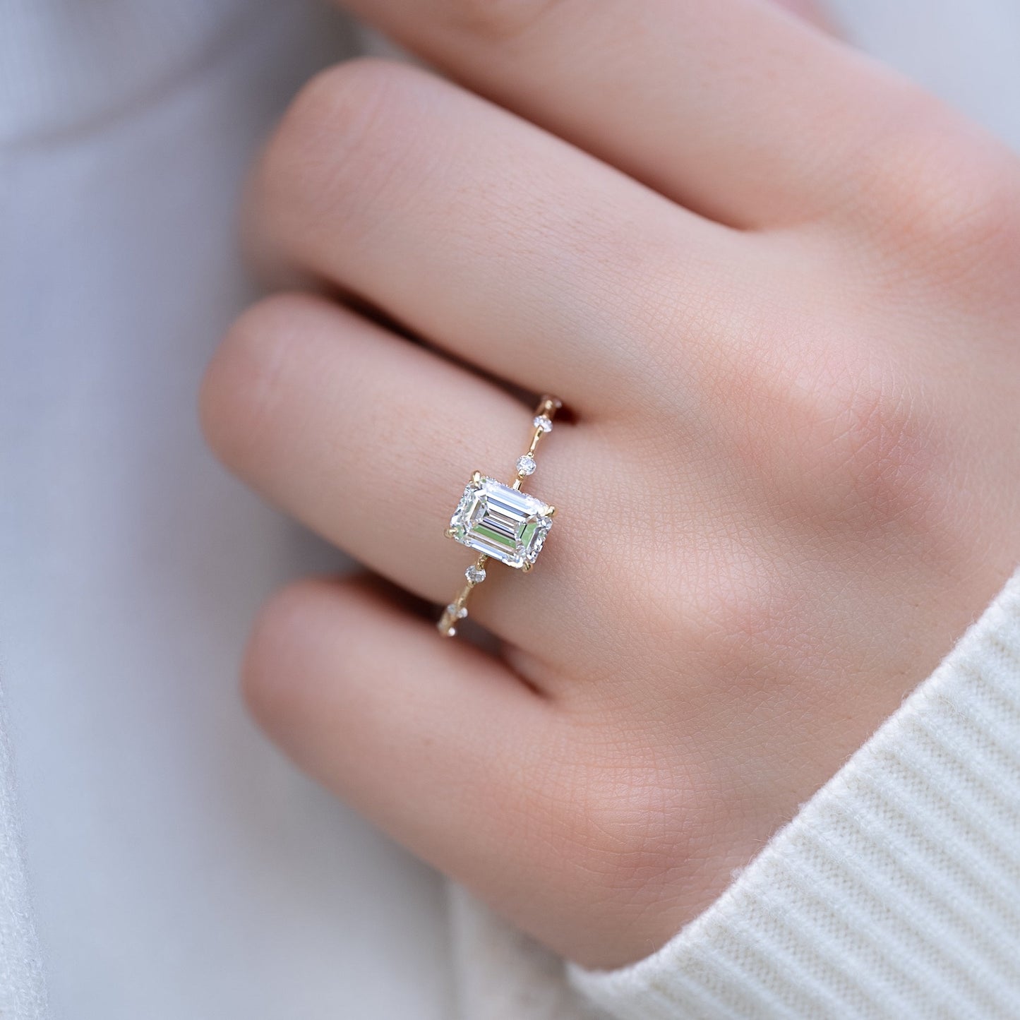 1.5 CT - 3 CT Emerald Cut Hidden Halo Dainty Moissanite Engagement Ring