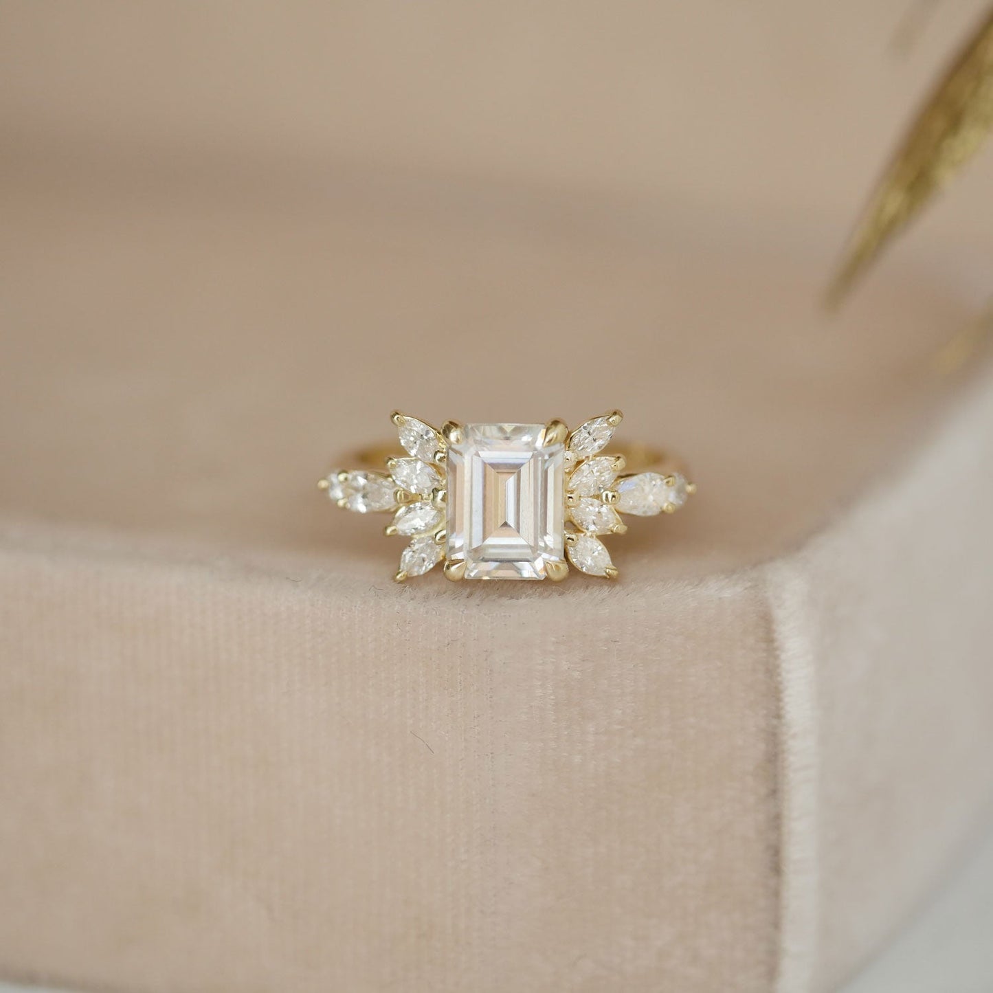 1.5 CT Emerald Cut Moissanite Peacock Style Mosaic Engagement Ring