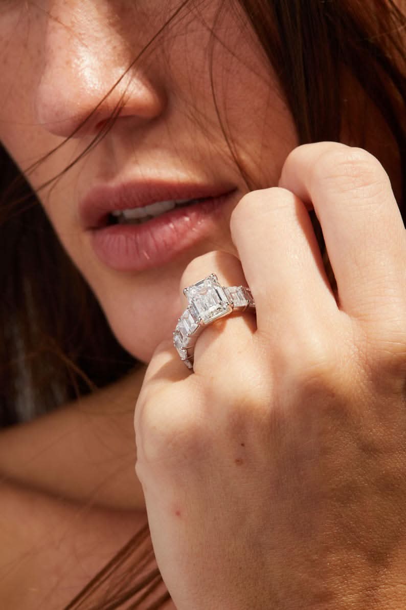 5 CT Emerald Cut Eternity Style Side Stone Moissanite Engagement Ring