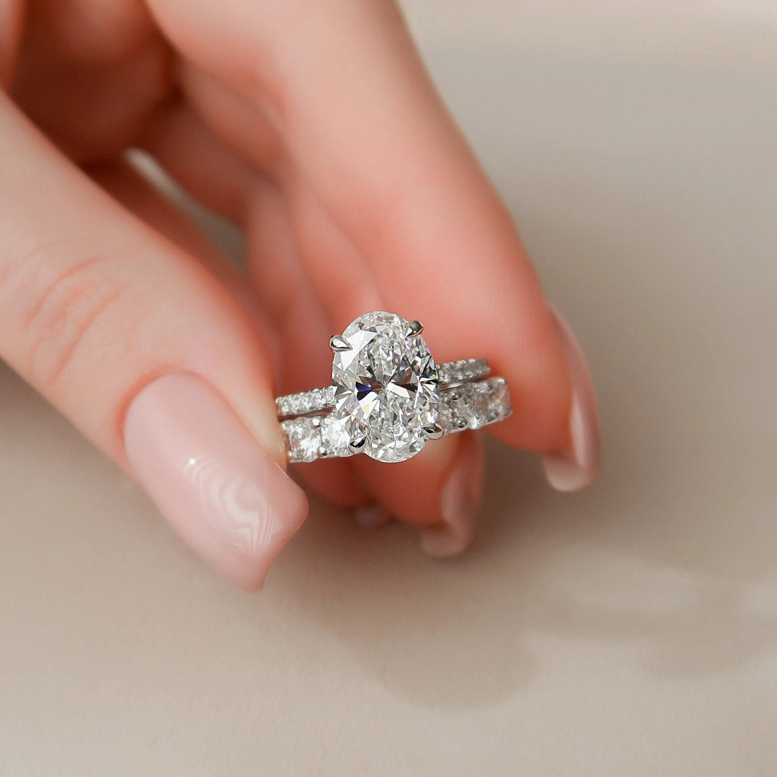 3.0 CT Oval Cut Hidden Halo Moissanite Eternity Bridal Set