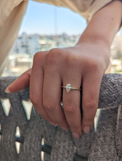 0.77 CT Pear Cut Pave Moissanite Engagement Ring