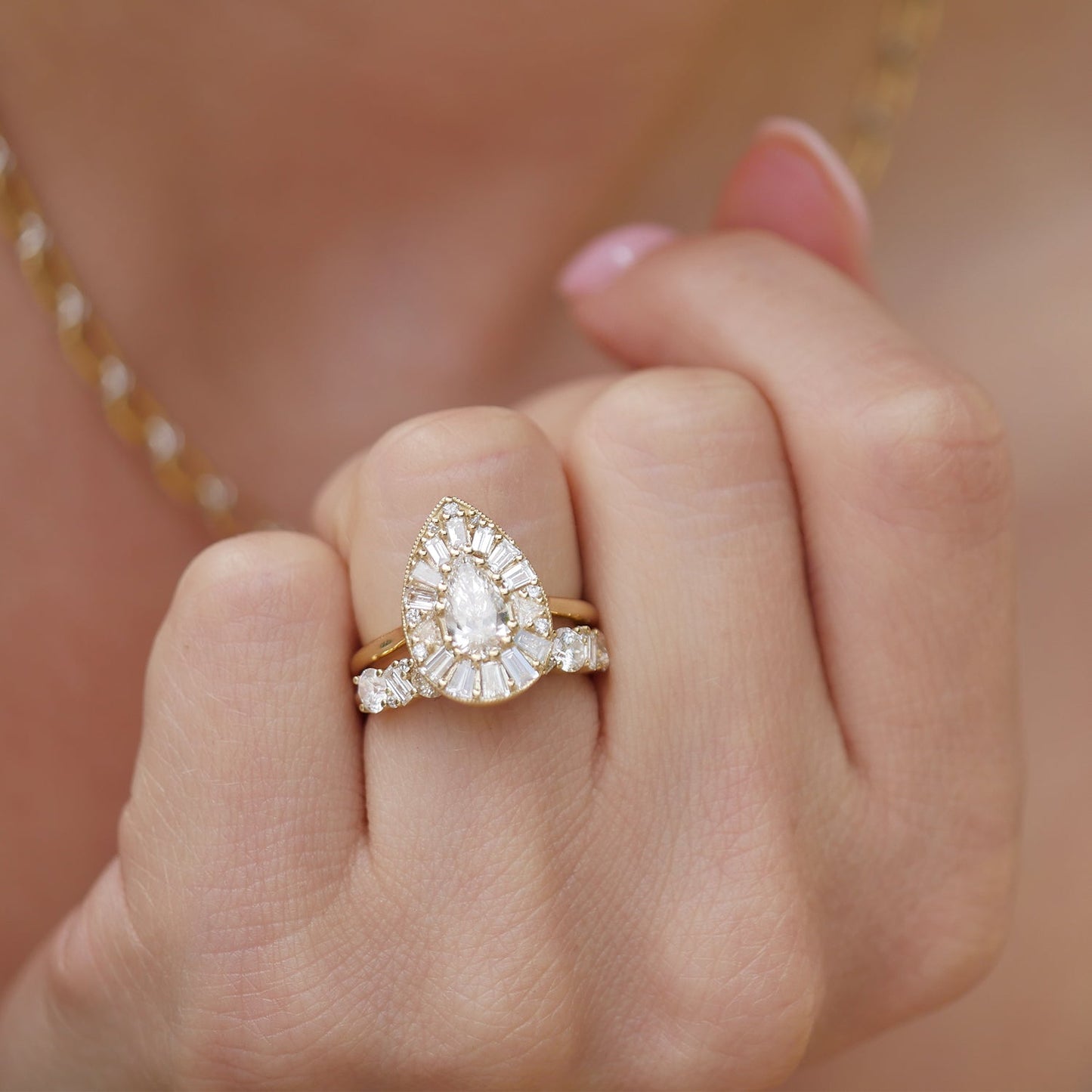 0.73 CT Pear Cut Moissanite Cluster Mosaic Engagement Ring